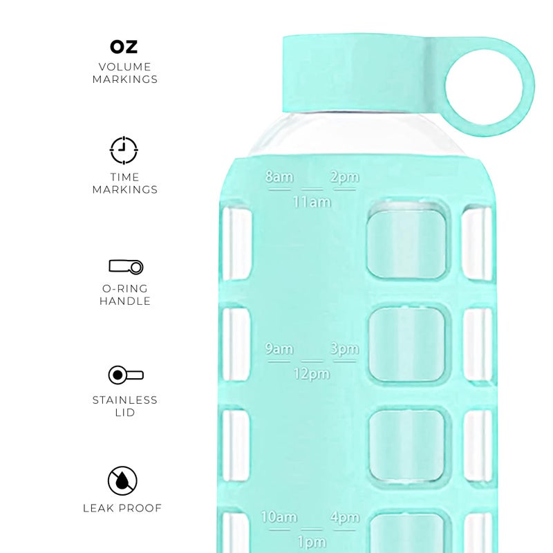 purifyou 40oz / 32oz / 22oz / 12oz Borosilicate Glass Water Bottle with Time & Volume Markers, Silicone Sleeve, Stainless Steel Lid | Reusable Glass Bottle for Water & Juice (22oz Glow-in-the-Dark) - Image 3